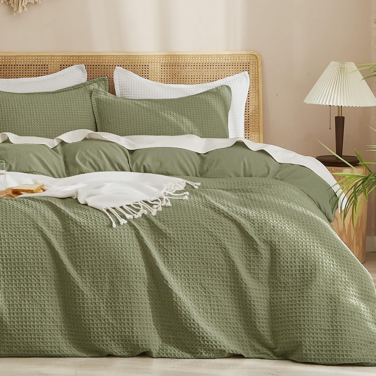 PHF Waffle Duvet Cover King, Ultra Soft & Breathable, 104"x90",Olive Green